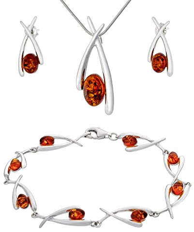 AMBEDORA Stort damset Amber 091, sterlingsilver finish glans, konjakfärgad baltisk bärnsten, armband, hänge med kedja och örhängen, Sterlingsilver, Bärnsten