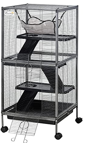 PawHut Jaula para Animales Pequeños de 4 Niveles Jaula para Roedores con Ruedas 2 Puertas 3 Rampas Hamaca Colgante y Bandeja Extraíble para Chinchillas 52x52x113,5 cm Gris Plateado