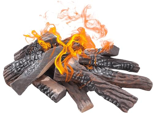 Set di 10 tronchi per caminetto a gas, grandi, in ceramica, decorativi, per interni ed esterni, ventilati, senza sfiato, elettrico, a etanolo, a gel, colore legno, 38,1 cm