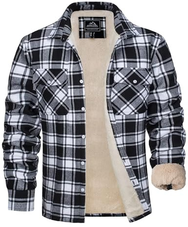 MAGCOMSEN Herren Karierte Jacke Winterjacke Übergangsjacke Warm Baumwolle Freizeit Gefüttert Hemd mit Tasche Schwarz XL