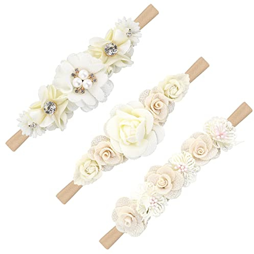 3 Piezas Diadema de Nailon para Niña Bebe Diademas Elástica con Flores para Bebé Niña Turbantes Bebe Torcida con Lazo Accesorios para el Cabello para Recién Nacidos