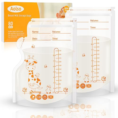 Aolso 80 Beutel Muttermilchbeutel, 250 ml, BPA-freie Muttermilch-Aufbewahrungsbeutel zum Stillen, Muttermilch Aufbewahrung Bag für Muttermilch, gefrierbare, auslaufsichere Milchbeutel, platzsparend