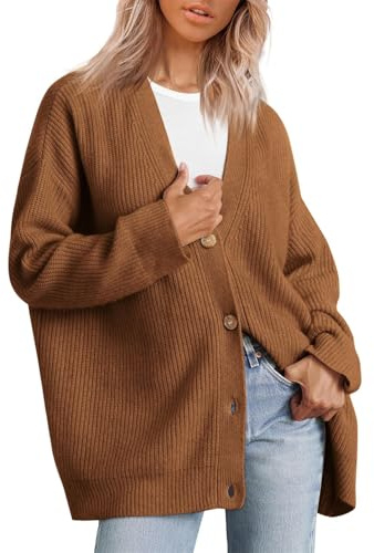 MorFansi Femme Cardigan Tricoté Vêtement D'extérieur Col en V Ouvert sur Le Devant Pull Ample avec Boutons (Marron,L)