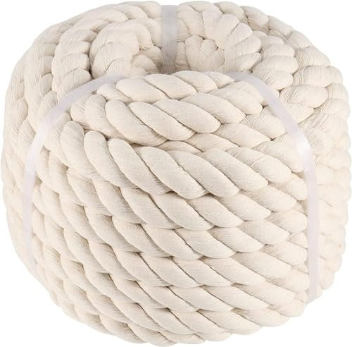 1 Inch x 50 Feet Natural Cotton Rope, 3 Strand Thick Twisted Cotton Cord Soft Rope, Unbleached Cord Macrame Ropes for Crafts, Sporting, Hanging Baskets and Home Decorating