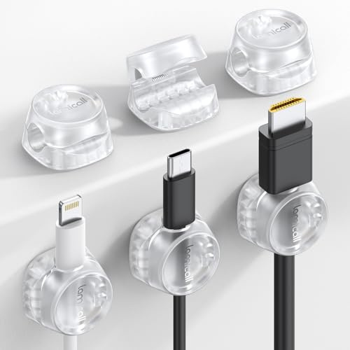 Lamicall Fjäderkabelhållare klämmor – kabelhantering utan rester, trådhållare, organisatör, skrivbord, USB, HDMI, vägg, PC, bil, kontor, hem – transparent (8 mm) | [Enhandshantering] Fjäderkabelklämmor skrivbord, kabelarrangör för vägg, kabelhantering för strömkabel, HDMI, laddningskabel