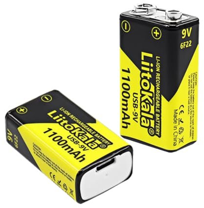 LiitoKala Baterías de Litio Recargables de 9V, 1100mAh Pila 9v Recargables de Alta Capacidad con Indicador LED para Detectores de Humo, Guitarras Eléctricas, Micrófonos, Walkie-talkies, 2 Unidades