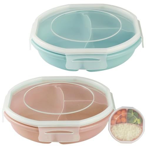 GOMETY Set di 2 piatti per forno a microonde, ciotola bento, design ermetico, con chiusura a fibbia, contenitore separato, con 3 scomparti senza BPA, stoviglie per microonde con coperchio per