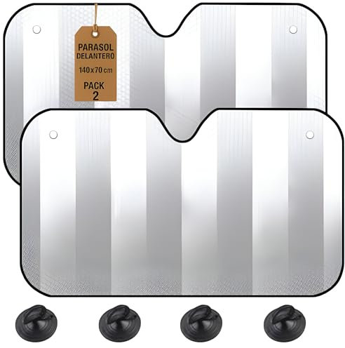 2 Parasol Coche Delantero con Ventosas 140x70 - para Sol Luna de Coche Delantero con Ventosa Plegable Universal – Parasoles Furgoneta de Playa Máxima Proteccion - Protector Solar Rayos UV Parabrisas