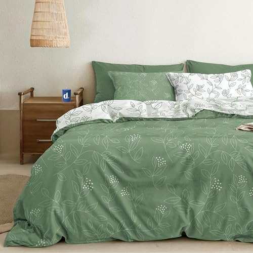 Dreamzie Bettwäsche Set 200x200 cm mit 2 Kissenbezügen 80x80 cm – Salbeigrünes Blättermuster – Bettwäsche für Erwachsene aus 100% Mikrofaser – Oeko-Tex Zertifiziert – Ohne Schadstoffe