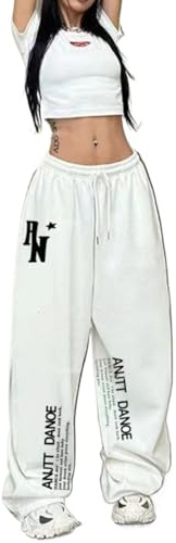Pantalones De Baile Hip Hop, Pantalones De Cintura Alta con Cordón Y Gráficos, Corte Holgado, Rojo, Blanco, Negro, S-2XL (White,M)