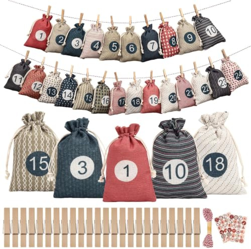 Gucass 24 Calendrier de l'Avent Vide a Remplir, 2026 Pochette Sachets en Tissu pour Calendrier de l'Avent Reutilisable, DIY Sachet Pochon de Noël Calendrier pour Cadeau Décoration