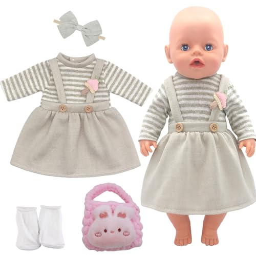 Xerteam Doll Clothes 35-45 cm for Baby Dolls, Clothes Set for 14-17 inch Dolls, Sweet and Adorable Doll Clothes, Suspender Dress, Hairband, Random Pink Bunny Bag, Socks