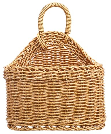 NOLITOY Woven Wicker Storage Basket - Sturdy Plastic Hanging Basket for Kitchen Organisation - Small Rattan Style Wall Storage Box with Handle for Garlic Ginger Onion Vegetable Fruit Egg Indoor
