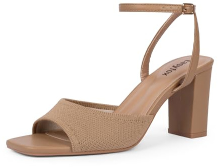 Easyfox Nude Sandals for Women Chunky Heel Nude Knit Heels Square Open Toe Strappy Heels Ankle Strap 3 Inch Dress Block High Heel Sandals Size 7