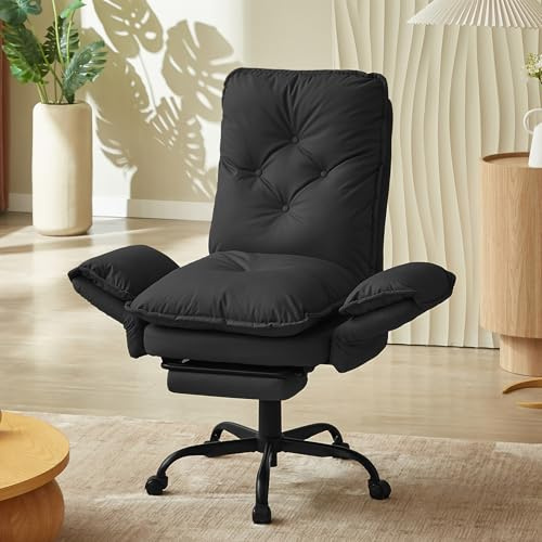 Bestier Sillón de relax con taburete, respaldo ajustable a 135°, reposabrazos giratorios de 90°, funda de pana, sillón de TV, cómodo asiento para salón, dormitorio, color negro