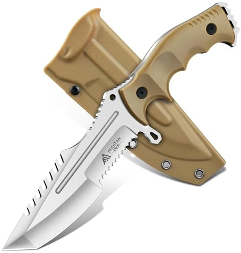 Freelander Cuchillos de Supervivencia Hoja Fija Acero D2 con Funda Kydex, Full Tang Cuchillos de Monte y Supervivencia, Caqui