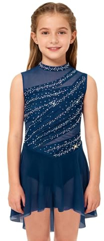 Kaerm Abito da Balletto Ballo Lirico Contemporaneo Bambina Vestito da Pattinaggio Artistico Senza Maniche Body Ginnastica Ritmica con Strass Costume Danza Moderna Samba Blu Scuro 9-10 Anni