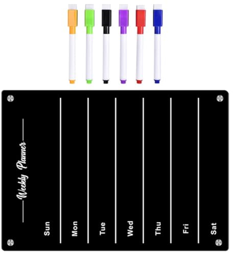 HOMOBABE Tablero Magnético Semanal para Nevera A4 Negro Acrílico Borrable Reutilizable 6 Rotuladores para Planificador Diario y Lista de Tareas