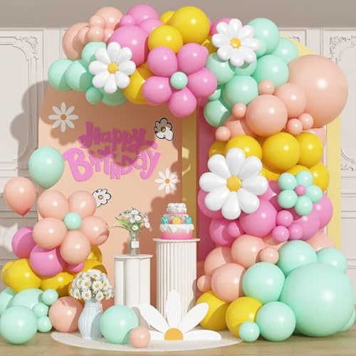 Kit de arco de globos de margaritas 102 piezas, guirnalda de globos florales geniales con globos de papel de aluminio boho rosa, amarillo, verde pastel, naranja, blanco, decoraciones de fiesta de