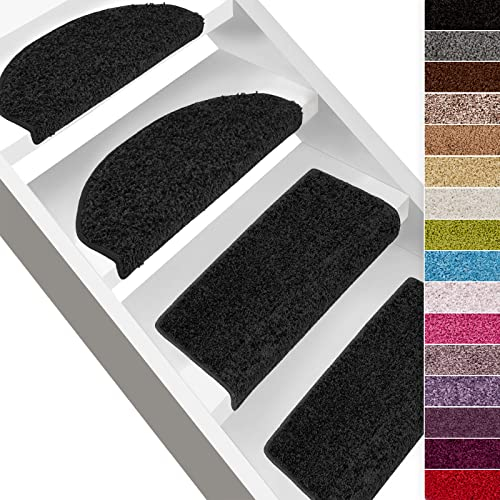 casa pura Shaggy Stufenmatten Barcelona 15 Stück Set, weicher Hochflor Treppen-Teppich | sauber eingekettelt, Starke Befestigung, stabile Winkelschiene, | halbrund | 65 x 23,5cm | Schwarz