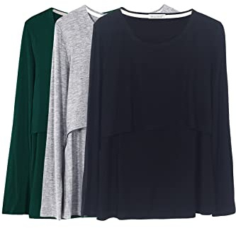 Smallshow omvårdnad toppar kvinnors moderskap långärmade amning skjortor,Black/Grey/Deep Green,L