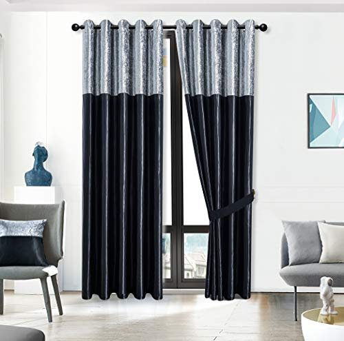 ZIMEL HOMES Crushed Velvet Band Silk Curtains (Pair) 6 wide coloured curtain choices -8 sizes-Fully Lined-Eyelet Ring Top Curtains-Faux Silk band top curtain pair with crushed velvet fabric base.