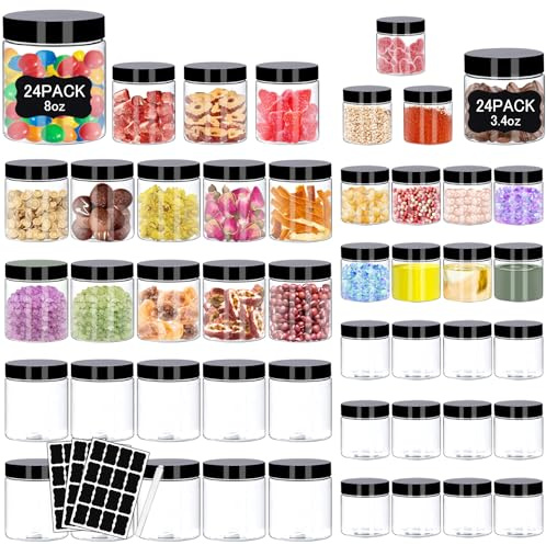 Hajoyful Plastic Jars with Lids 48 Pcs 8 oz & 3.4 oz Clear Plastic Slime Storage Jars Containers with Airtight Black Screw On Lids Cylinder Clear Round Jar Easy Clean Food Grade Durable Jar