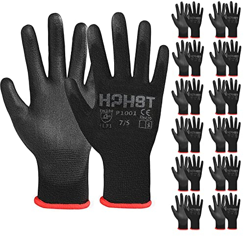 HPHST PU Besichtet Arbeitshandschuhe, 12 Paar Arbeit Handschuhe für Herren und Damen Rutschfeste Montagehandschuhe Gartenhandschuhe mit PU-Beschichtung für Bauarbeiter Mechaniker, Schwarz (Large)