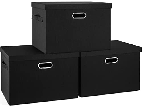 Graciadeco Large 17 36 Quart Collapsible Stackable Storage Bins with Lids, 3 Packs Black Linen Fabric Closet Boxes with Lids, Storage Cube Baskets Container Organizers for Bedroom Office(17 x12 x11)
