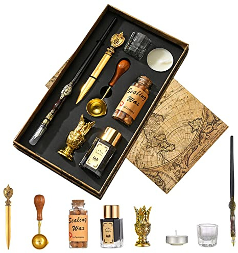 Joyeee Stylo à plume d'artiste avec encre, stylo à trempage en bois, perles de cire à cacheter pour bouteille, bougie à thé, tasse en verre, ouvre-lettres doré, porte-stylo en bois et cuillère à sceau