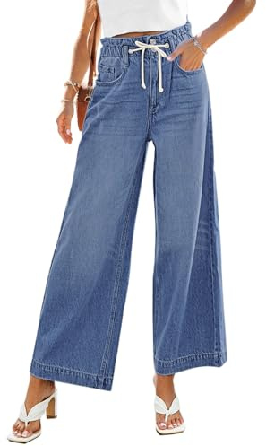GRAPENT Women's Baggy High Waisted Women Baggy Jeans Wide Leg Jeans for Women High Waist Womens Drawstring Denim Jean Pants Color Classic Blue Medium Size 8-10