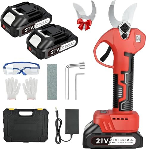 NUZEKY - Tijeras de podar eléctricas profesionales de 30 mm con 2 baterías 21 V/2000 mAh - Tijeras de podar inalámbricas para jardinería, vid, árbol frutal