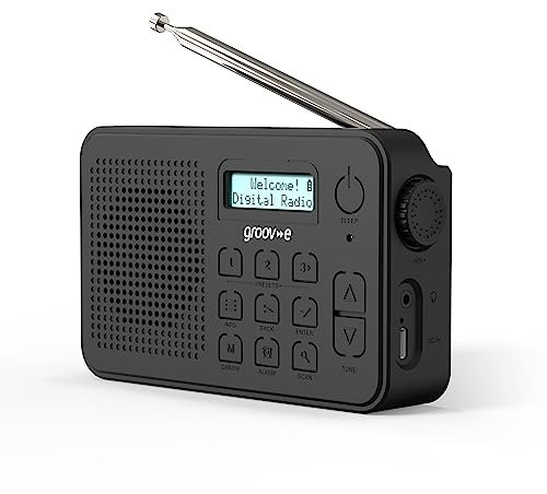 Groov-e Madrid Rechargeable DAB & FM Digital Radio - Built-In Alarm Clock & Bluetooth Connectivity - LCD Display - USB or Battery Operated - Portable Radio - 80 Preset Stations - Black