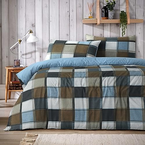 Olivia Rocco Glencoe - Parure de lit en polycoton avec housse de couette et taies d'oreiller - Facile d'entretien - Motif à carreaux - Pour lit king size - Naturel
