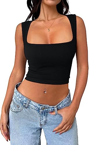 Cuptacc Haut Femme Chic Et Elegant sans Manches Court Basic Top Mignon Regular Col Carré Vêtements Noir Petit S 34-36