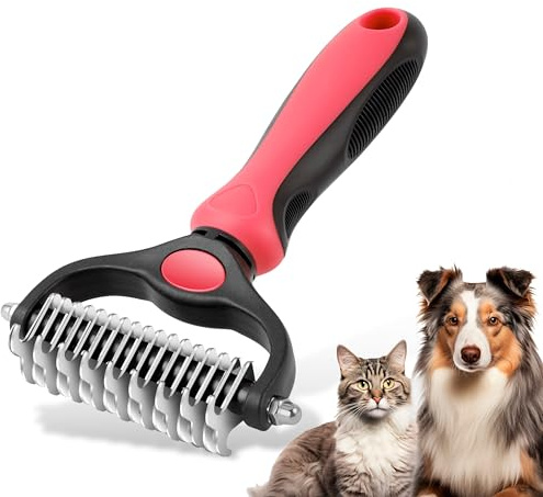 Pet Grooming Brush, Double Sided Undercoat Rake for Dogs & Cats, Professional Deshedding Brush and Dematting Tool, Safe and Effective Removing Knots, Mats, Tangles,and Flying Hair (Pink)