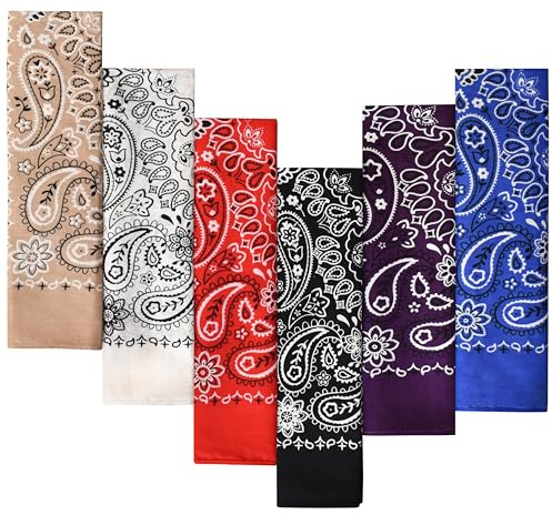 6 Pack Black Red White Tan Blue Purple Cotton Bandana for Women Men Gift Packaging - 55x55cm - Cowgirl Cowboy Motorbike Accessories Head Scarf Headband Neckerchief