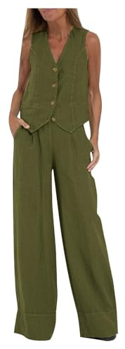 Conjunto de 2 piezas de algodón y lino para mujer, sin mangas, chaleco, pantalones de pierna ancha, conjunto elegante de blazer a juego, conjunto de verano para mujer, traje casual liso, trabajo,