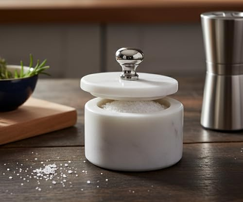 KLEO Soporte de mármol para sal y especias con tapa, recipiente pequeño, caja de sal de piedra para cocina y comedor, soporte para sauna (blanco)