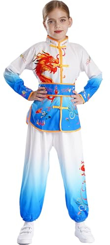 Kaerm Kids 3 Pcs Chinese Kung Fu Tracksuit Dragon Printed Tops and Pants with Belt Outfits Traditional Tai Chi Costume Blue 9-10 Years