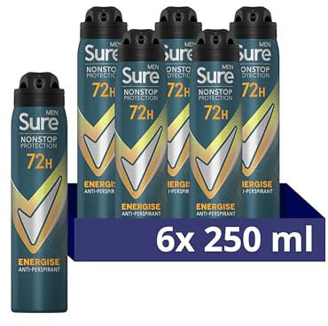 Sure Men Nonstop Protection Energise Deodorant Body Spray Antiperspirant with body heat activated technology for 72 hour protection against odour and sweat 250 ml, Pack of 6