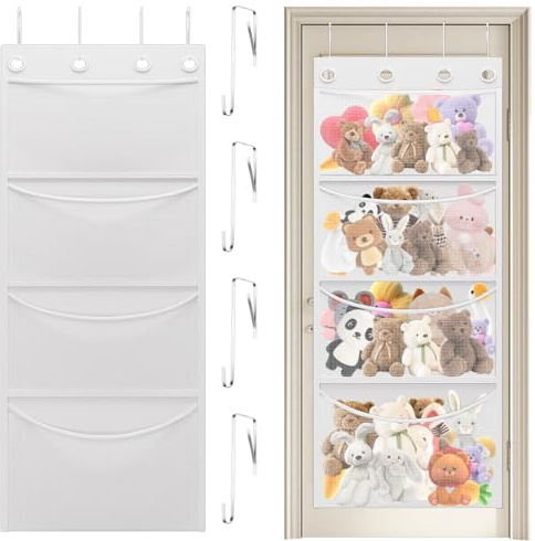 Over Door Toy Storage, Cookmaster Stuffed Animal Organiser with 4 Mesh Pockets, Breathable Hammock Baby Toy Storage Net Holder for Closet, Plush Toy, Hanging Door Organizer (White)