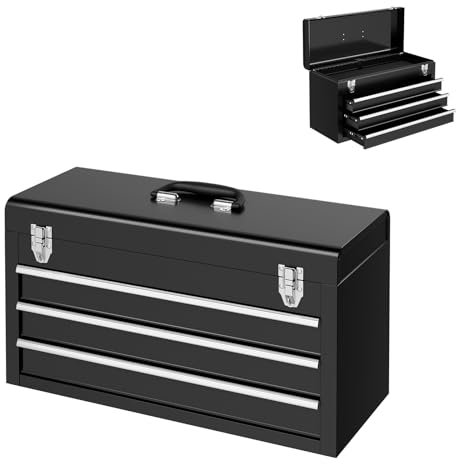 SOARS Werkzeugkiste Metall, Werkzeugkasten mit oberem Ablagefach & 3 Schubladen, Werkzeugbox mit 2 Metallverschluss, EVA-Auskleidung & Tragegriff, 52 x 21 x 30 cm