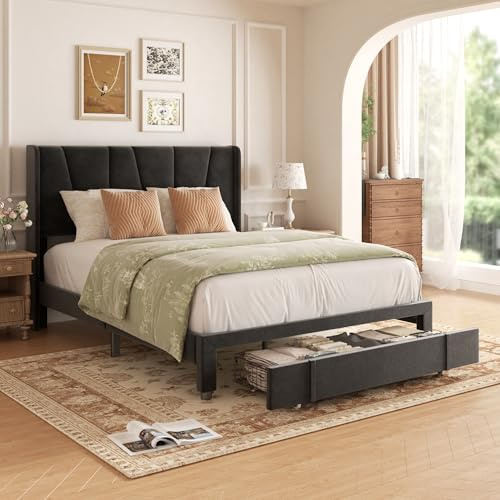 viplov King Size Bed Frame, 5ft1 Upholstered Platform Bed with Tufted Headboard & Wing Side and Storage Drawers, Wood Slat Support, Mattress Foundation, No Box Spring Needed, Black