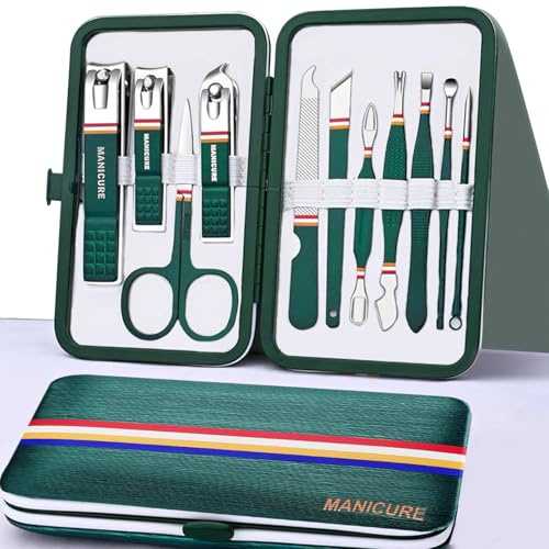Rich Bunny 11PCS Manicure & Pedicure Tools & Accessories,Nail Care Kit with Compact Hand Case and Gift Box,Stainless Steel Nail Set,Nail clippers Set for Women & Men,Nail cleaning Care kit(Dark Green)