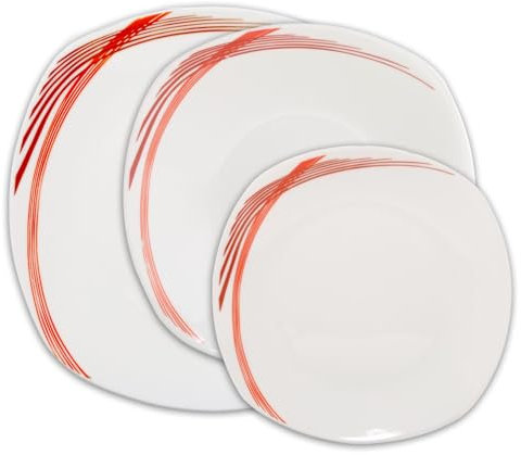 UNIQUE HOME LIVING 12-Piece Dinner Set, White Ceramic Kitchen Dinnerware Sets with Dessert/Soup/Dinner Plates, Service for 4, Microwave & Dishwasher Safe - Red Curve Lines