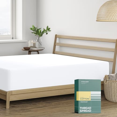 THREAD SPREAD 100% Organic Cotton Percale Weave Fitted Sheet Full Size, White, 1 Deep Pocket Full Fitted Sheet, Fits Mattress Upto 16 Crisp and Cool Bed Linen, Luxury GOTS Certified Sheets