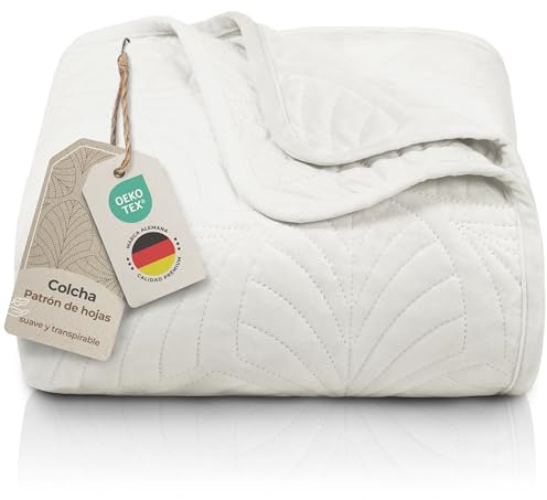 Gräfenstayn copriletto trapuntato matrimoniale 220x240 cm estivo in poliestere – certificato OEKO‑TEX, antigualcitura, decor foglia – elegante coperta letto & sofà (crema)