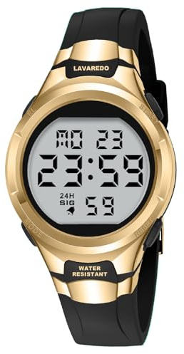 Timever Damarmbandsur med silikonband, digital klocka med larm, stoppur, datum, ljus, sportklocka med 3 ATM vattentät, 09 guld svart