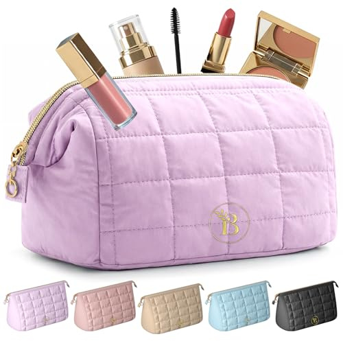Trousse de Toilette Femme Matelassée - Grande Ouverture - Rangement Voyage | Trois Poches Intérieures dont une Doublée PVC Facile à Nettoyer, Coutures Renforcées, Belle Idée Cadeau - Rose Clair